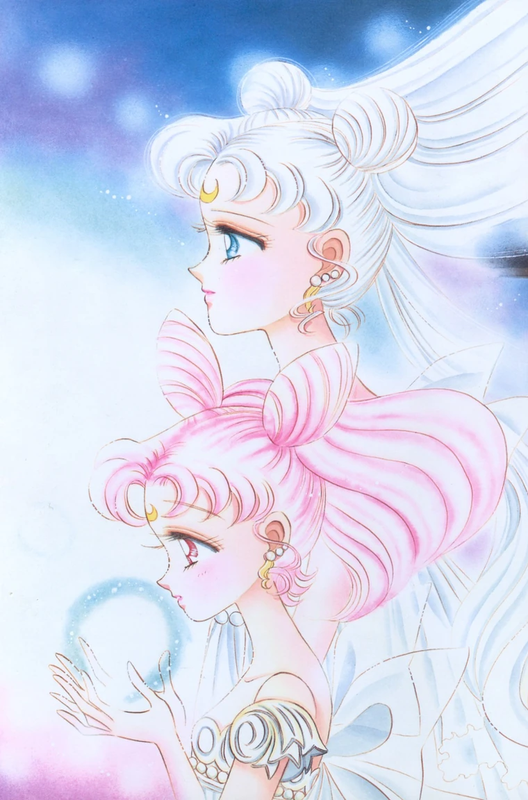 Takeuchi colour illustration of Princess Usagi Small Lady Serenity in a white gown with her hair down, Neo-Queen Serenity above and behind her