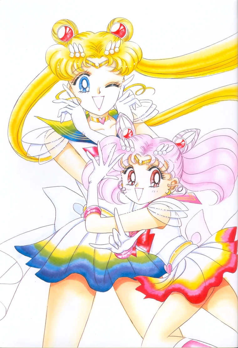 Takeuchi colour illustration of Super Sailor Moon and Super Chibi Moon posing together, Chibi Moon in front with one hand raised