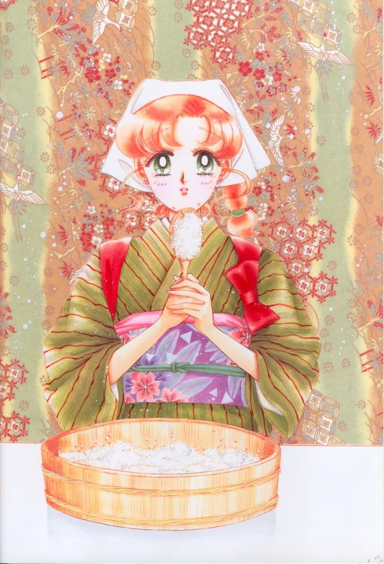 Makoto in a green striped kimono and kerchief over a tub of rice, holding a rice paddle, painted by Naoko Takeuchi