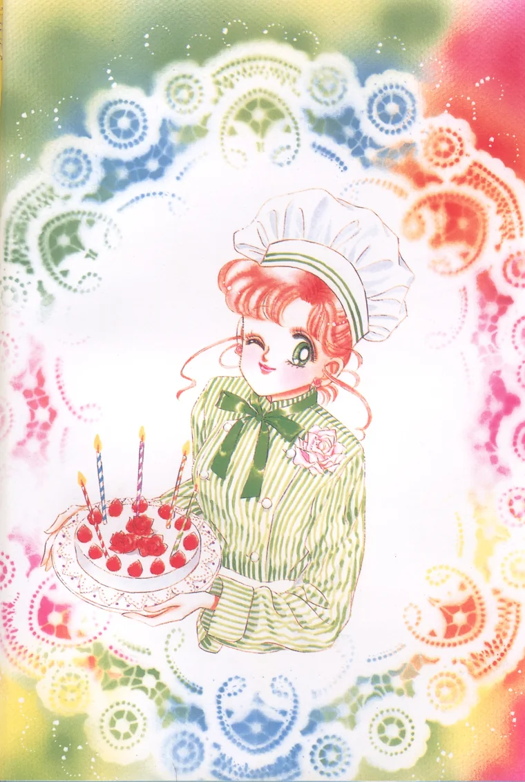 Makoto in a striped baker&rsquo;s jacket and chef&rsquo;s hat, carrying a strawberry cake with candles, painted by Naoko Takeuchi