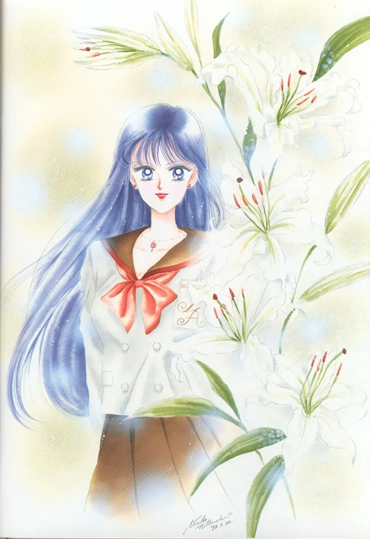 Rei in her school uniform beside white lilies, painted by Naoko Takeuchi