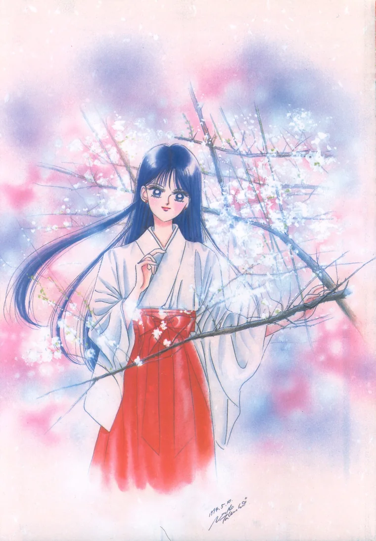 Rei in miko white and red among plum blossoms, painted by Naoko Takeuchi