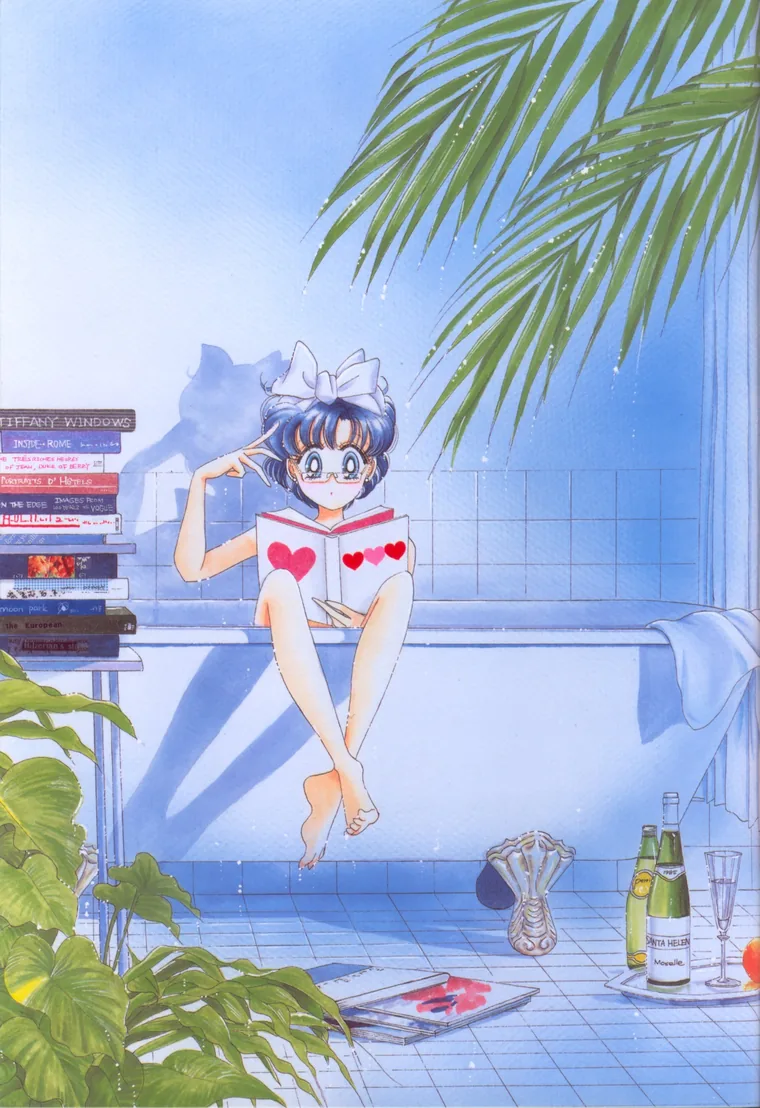 Ami perched on the edge of a bathtub reading a book covered in hearts, a stack of books beside her, painted by Naoko Takeuchi