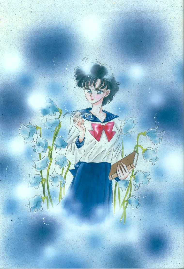 Ami in her school uniform among bluebells, a book under one arm and her glasses in her hand, painted by Naoko Takeuchi