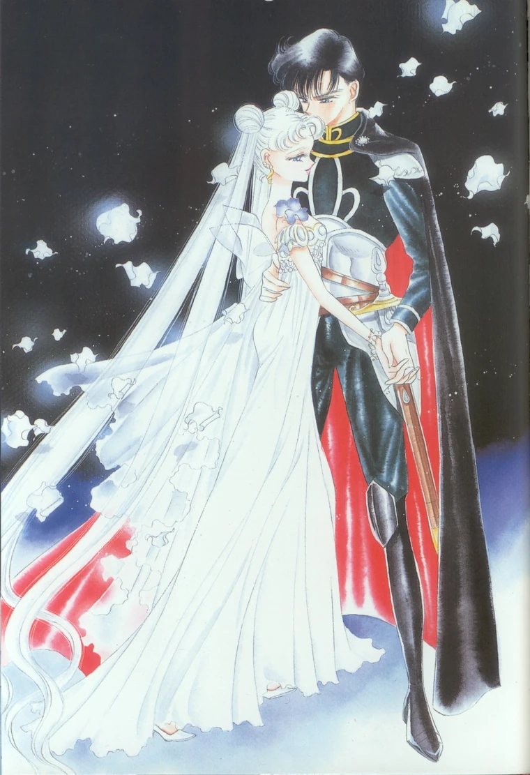 Princess Serenity in a veil and gown held close by Prince Endymion in his black uniform and cape, against a night sky scattered with white blossom, painted by Naoko Takeuchi