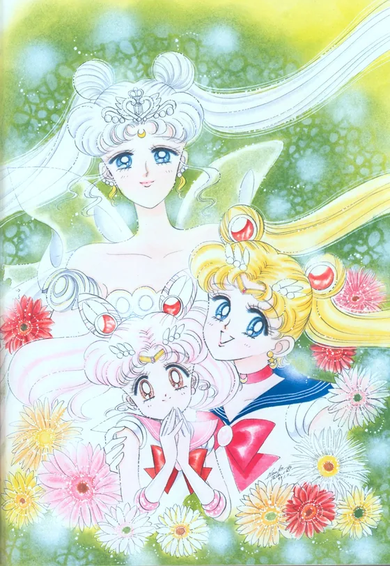 Neo-Queen Serenity in her crown and veil above a blonde twin-tailed guardian and a small pink-haired one, the three of them banked in red, pink, yellow and white gerbera daisies, painted by Naoko Takeuchi
