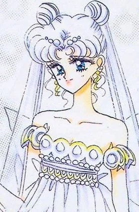 Neo-Queen Serenity from the chest up in a crown and veil and a pale off-shoulder gown, drawn in line and soft wash by Naoko Takeuchi