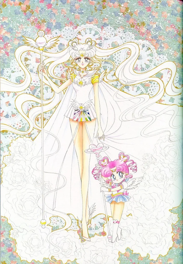 Sailor Cosmos in a white gown and long layered cape, her pale hair falling past her feet, holding a tall winged staff, with a small pink-haired guardian in a winged fuku beside her holding a shorter one, against a pale lace and blossom ground, painted by Naoko Takeuchi