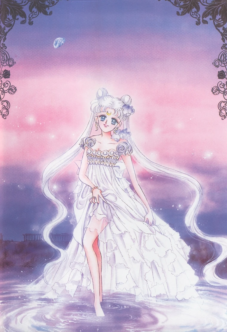 Princess Serenity standing barefoot in still water in her white gown, the Earth small in a pink and violet sky behind her, painted by Naoko Takeuchi