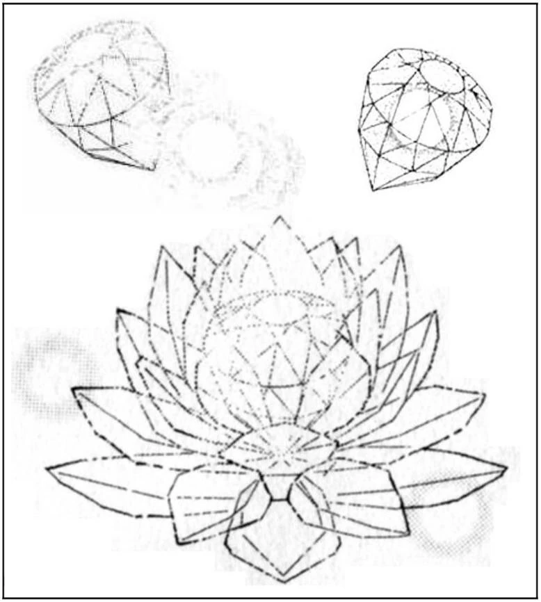 Naoko Takeuchi&rsquo;s design sheet for the Silver Crystal, drawn in line as a many-faceted lotus with two smaller cut views above it