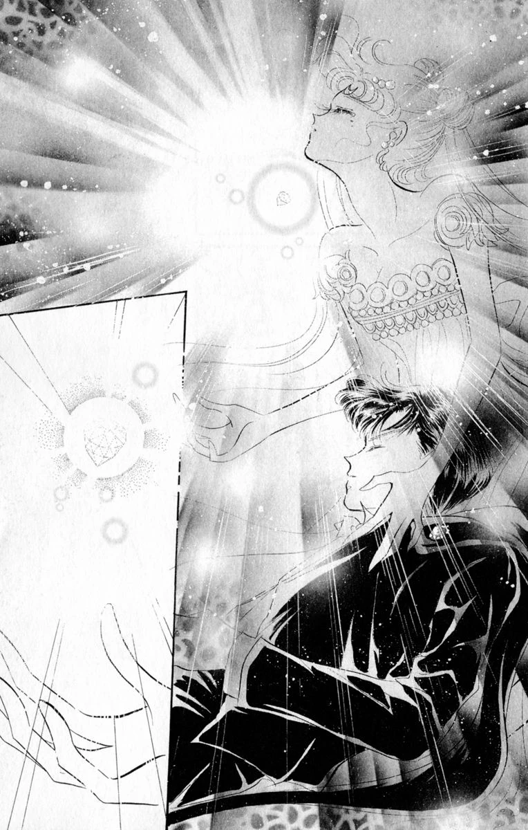 The Silver Crystal appearing for the first time in a blaze of white light, Princess Serenity and Prince Endymion in profile on either side of it, drawn by Naoko Takeuchi