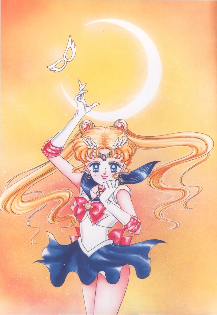 Sailor Moon reaching up toward a white crescent moon on a burnt orange ground, her winged mask drifting away above her fingers, painted by Naoko Takeuchi