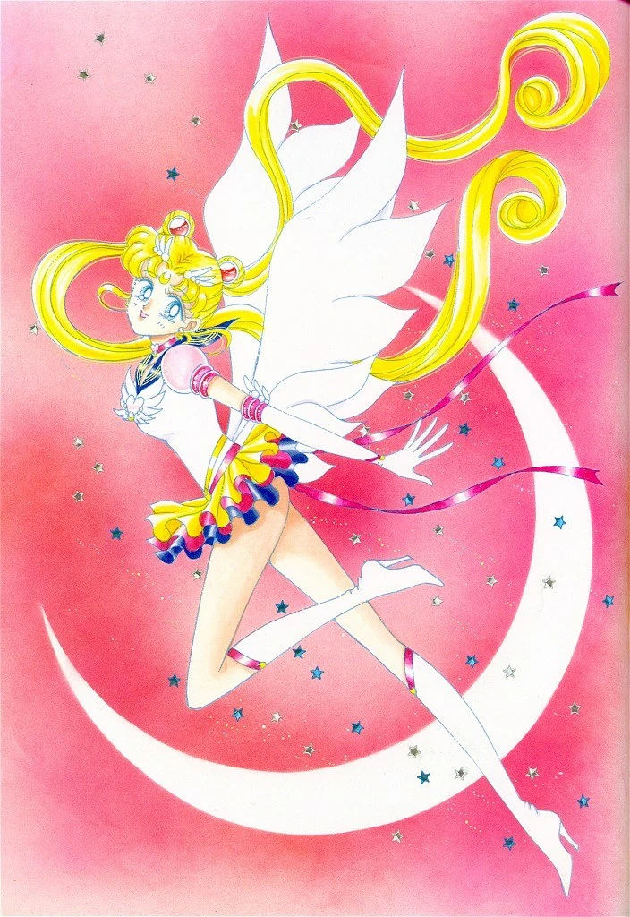 Eternal Sailor Moon flying across a great white crescent on a deep pink ground, white wings spread behind her, her hair streaming and pink ribbons trailing among small stars, painted by Naoko Takeuchi