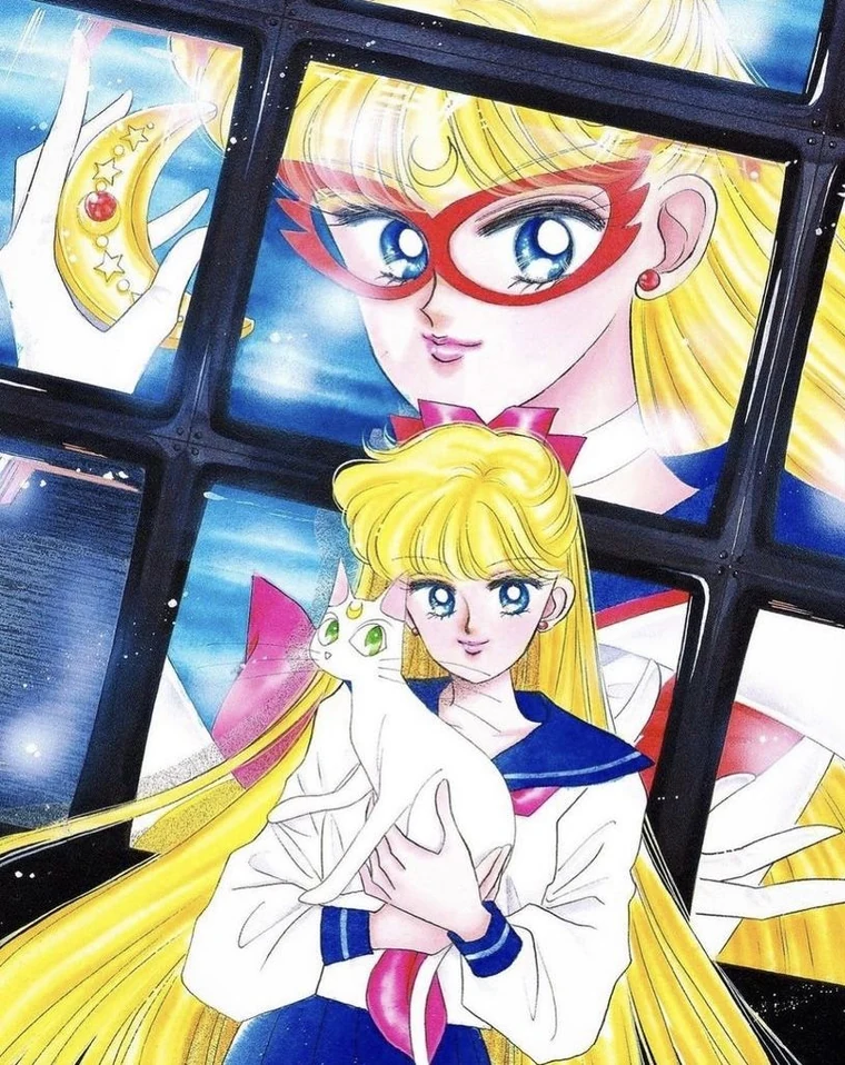 Takeuchi colour illustration of Minako in her school uniform holding Artemis, in front of a wall of screens showing Sailor V in her mask and a gloved hand holding up a golden crescent
