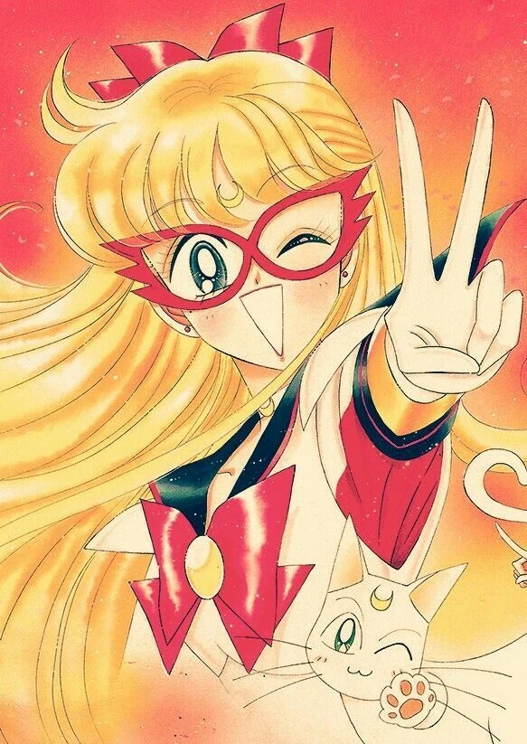Takeuchi colour illustration of Sailor V in her red mask, winking and making a peace sign, with Artemis raising a paw in the corner, on a red-orange ground