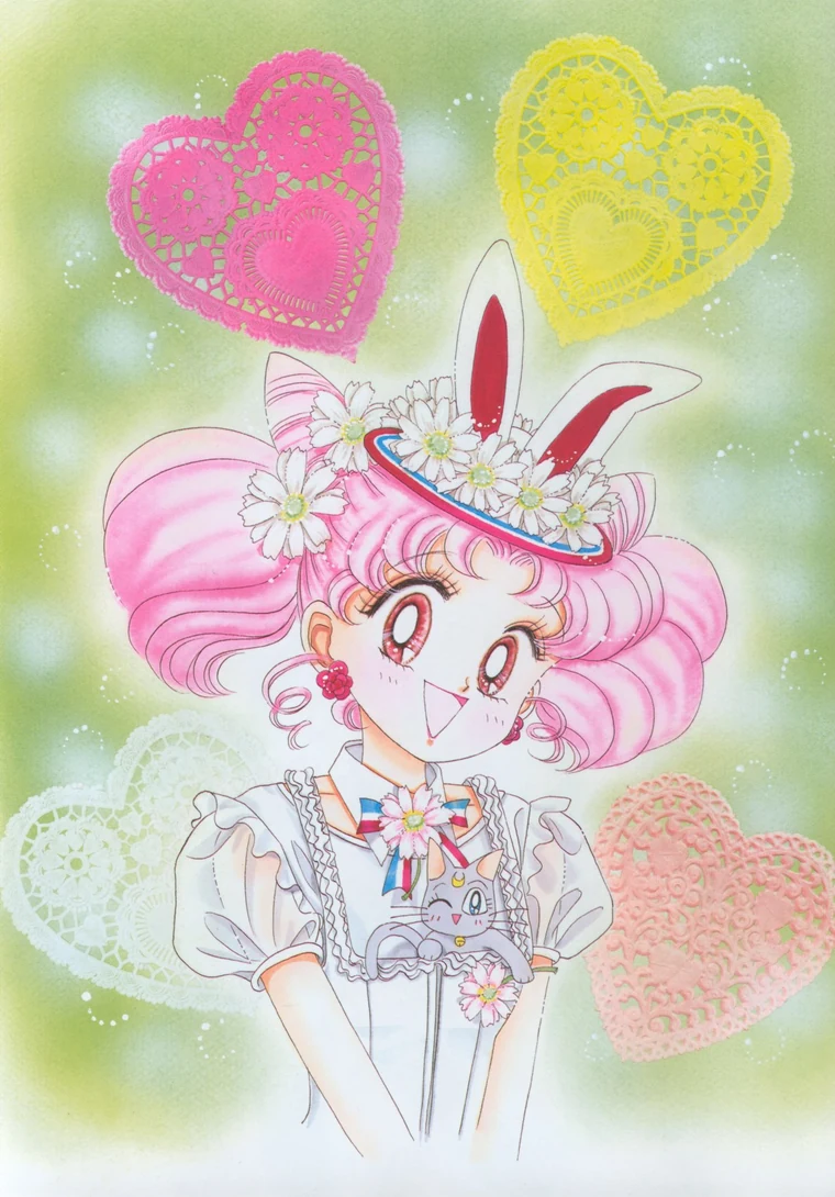 Takeuchi colour illustration of Chibiusa smiling in a white frilled dress and a flowered hat with rabbit ears, with Diana winking from the front of her dress, among lace paper hearts on green