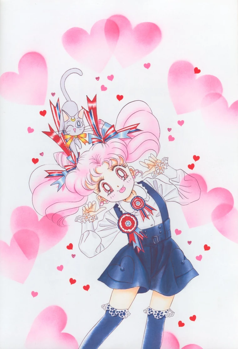 Takeuchi colour illustration of Chibiusa in a white blouse and navy pinafore, head tilted and tongue out, with Diana winking from the ribbons on her head, among pink hearts