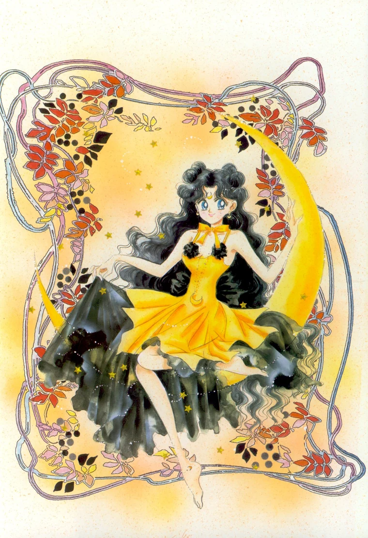 Takeuchi colour illustration of Luna in human form, with long black hair and a yellow dress, sitting on a golden crescent moon inside a silver frame hung with autumn leaves