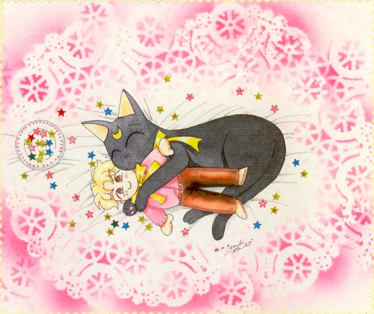 Colour illustration of Luna curled up asleep around a tiny Kakeru on a pink lace doily scattered with stars