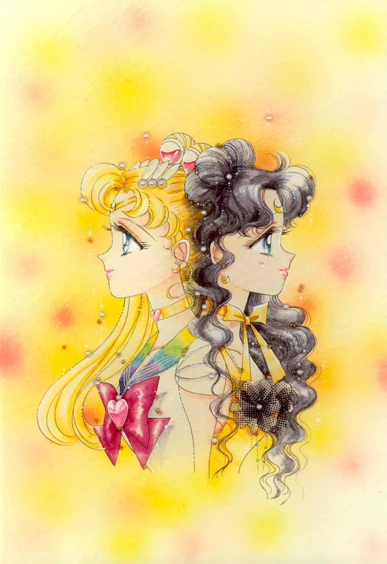 Takeuchi colour illustration of Sailor Moon and Luna in human form side by side in profile, against a soft yellow ground