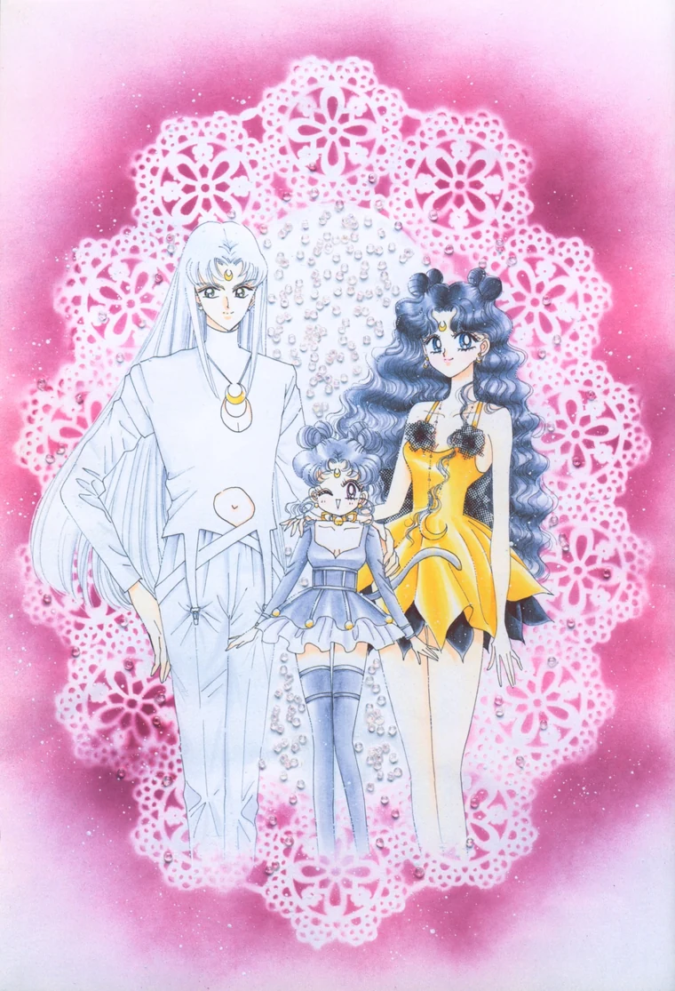 Takeuchi colour illustration of the three moon cats in human form against pink lace: Artemis tall, with long white hair, Diana as a little girl in a lavender dress, and Luna with long black hair in a yellow dress