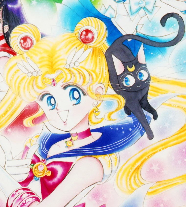 Takeuchi colour illustration of Sailor Moon smiling and pointing, with Luna leaping past her shoulder and other guardians at the edges