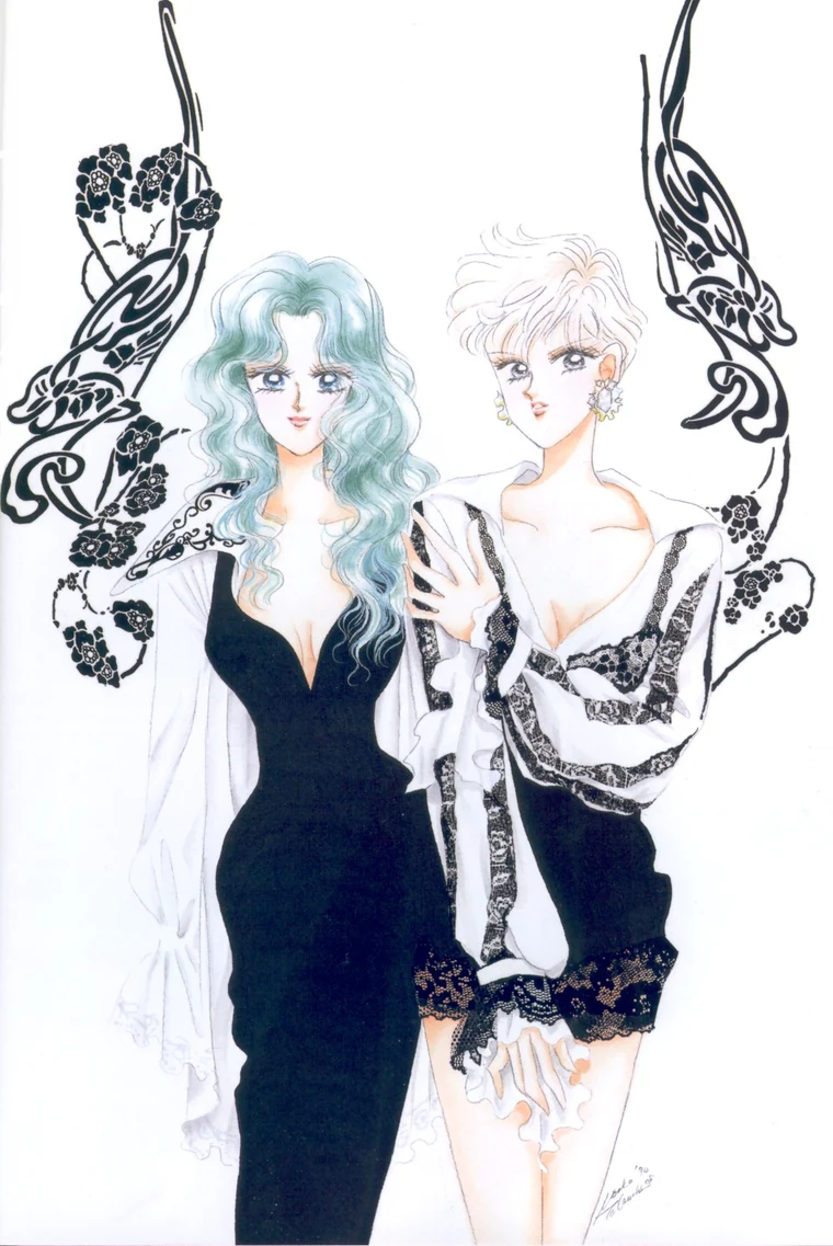 Takeuchi colour illustration of Michiru in a long black dress and Haruka in a white lace-trimmed shirt, Michiru&rsquo;s hand on Haruka&rsquo;s chest, between two black art nouveau flourishes