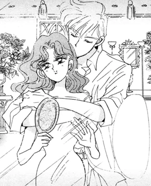 Takeuchi manga panel of Michiru seated holding the Deep Aqua Mirror, Haruka behind her with both arms around her and her eyes closed
