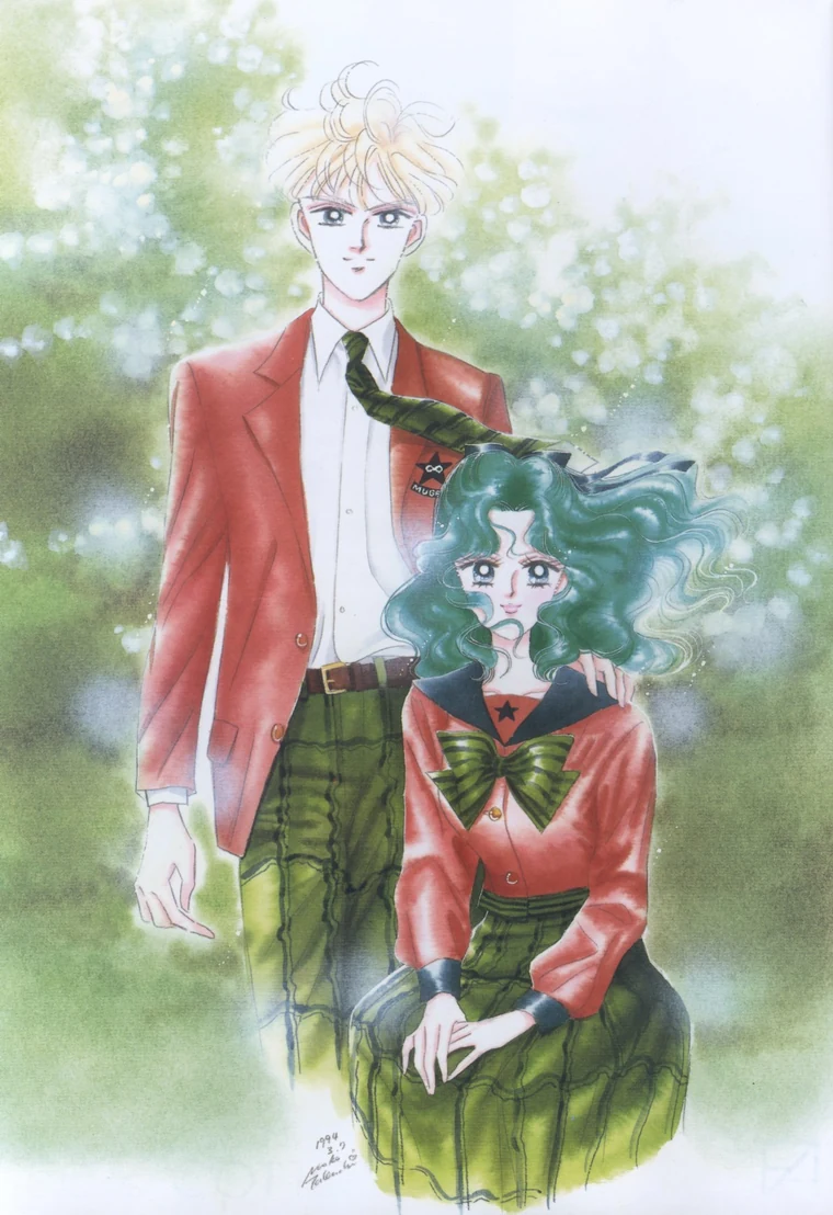 Takeuchi colour illustration of Haruka in a red school blazer and green tie, one hand on the shoulder of Michiru, seated in a red sailor uniform with a green bow, against soft green leaves