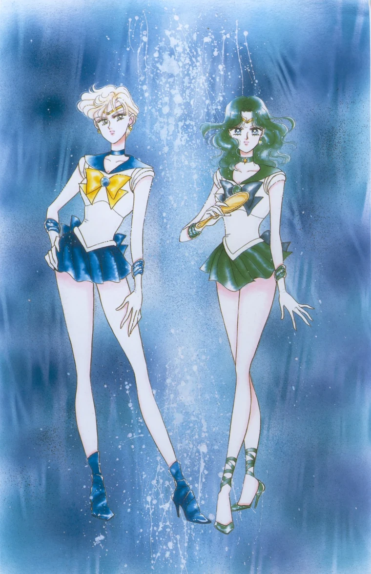 Takeuchi colour illustration of Sailor Uranus, hand on her hip, and Sailor Neptune holding the Deep Aqua Mirror, standing side by side against a blue ground spattered with white