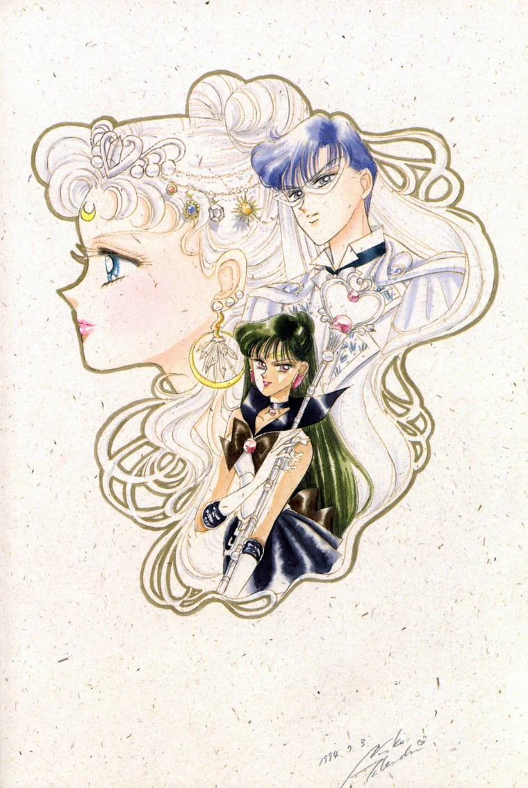 Takeuchi colour illustration of Sailor Pluto holding the Garnet Rod in front of King Endymion, with Neo-Queen Serenity in profile behind them both, inside a gold outline on flecked paper
