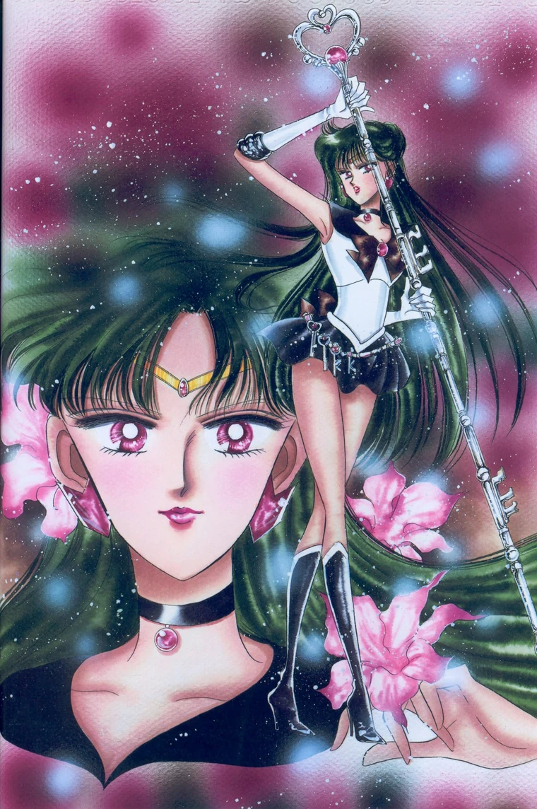 Takeuchi colour illustration of Sailor Pluto raising the Garnet Rod, a long silver key with a heart at its head, the Time Keys hanging at her waist, beside a large close-up of her face among pink flowers