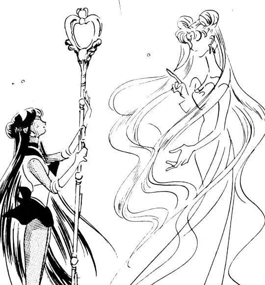 Takeuchi manga drawing of Sailor Pluto with the Garnet Rod, looking up at Queen Serenity, whose long hair drifts around her