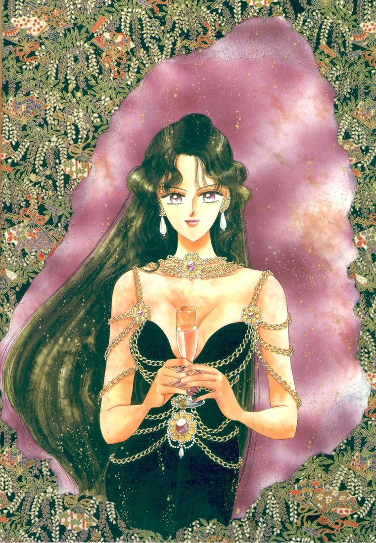 Takeuchi colour illustration of Setsuna in a black evening dress hung with gold chains, holding a champagne glass, inside a purple wash framed by a pattern of wisteria and fans