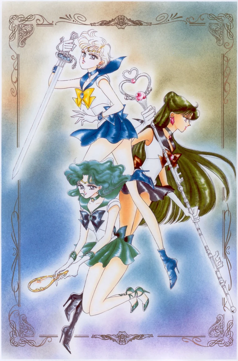 Takeuchi colour illustration of Uranus with the Space Sword raised, Neptune with the Deep Aqua Mirror and Pluto with the Garnet Rod, inside an ornate frame