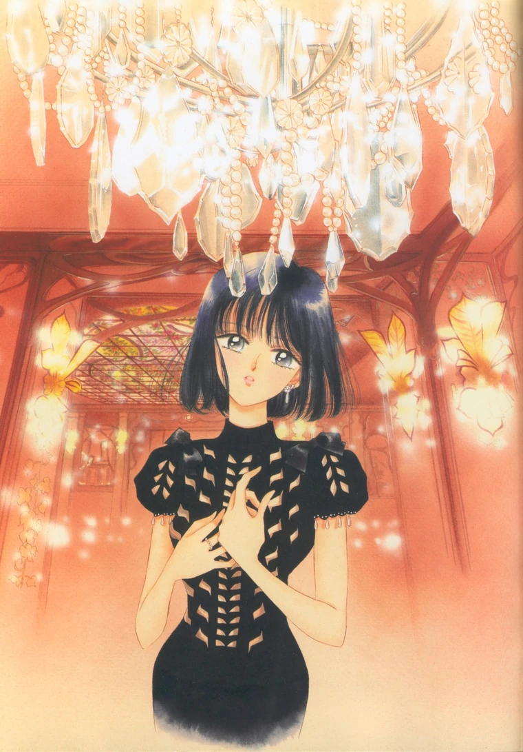 Hotaru in a black cut-out dress beneath a crystal chandelier, her hands held to her chest, painted by Naoko Takeuchi