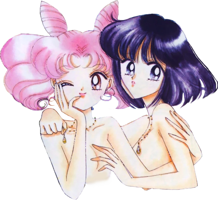 Takeuchi colour illustration of Chibiusa and Hotaru leaning together, Chibiusa winking with a hand at her cheek and Hotaru resting against her shoulder, both wearing fine chains
