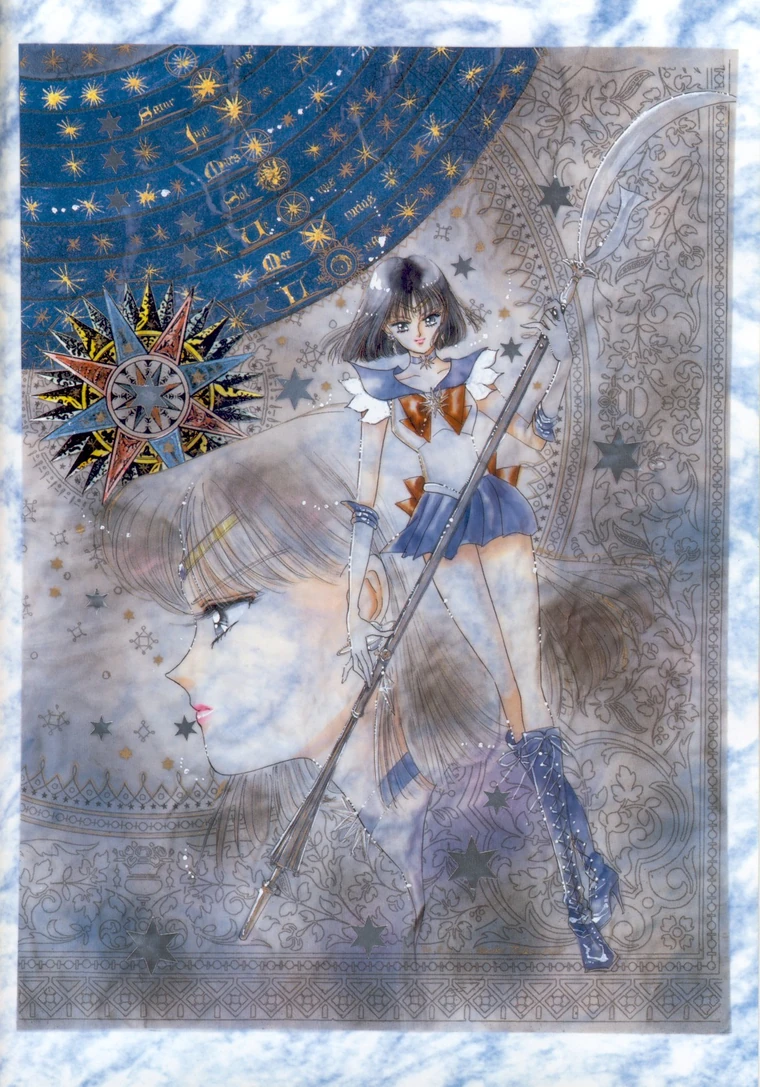 Sailor Saturn holding the glaive upright over a star chart and a compass rose, her face again in profile behind her, painted by Naoko Takeuchi