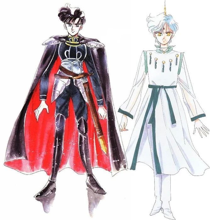 Takeuchi&rsquo;s full-length drawings of Prince Endymion, in dark armour and a black cape lined in red, and Helios, in white priest&rsquo;s robes with the golden horn on his brow, standing side by side
