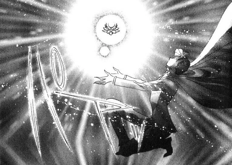 Takeuchi manga panel: Mamoru, cape streaming, reaching up with both hands into a blaze of light with a lotus crest at its centre