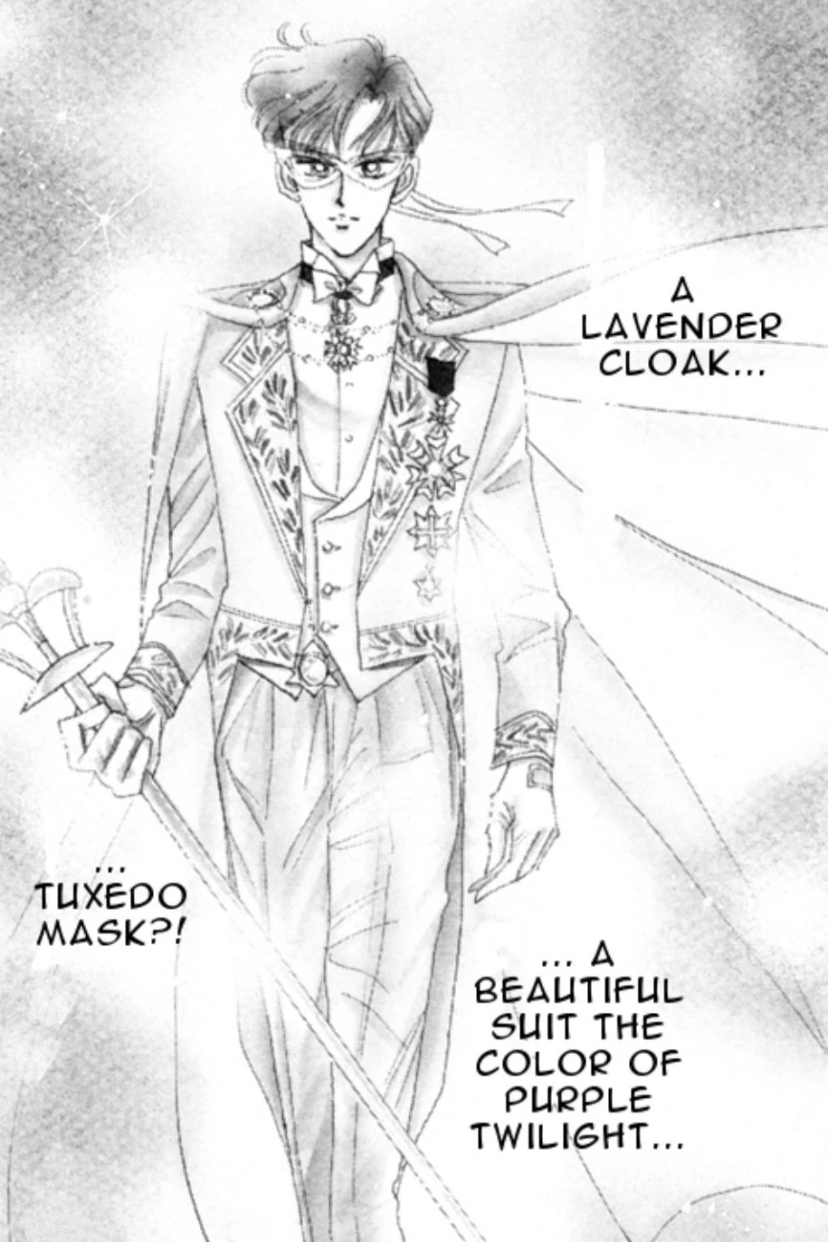 Takeuchi manga panel: Mamoru in a white mask, an embroidered tailcoat hung with medals and a long cloak, a sword held low in one hand