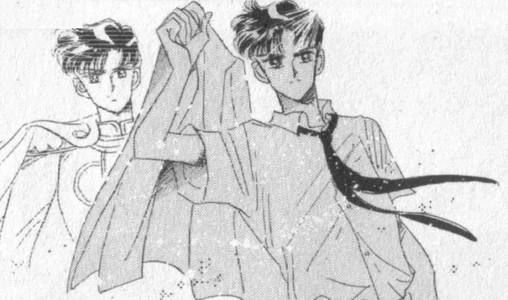 Manga panel: Mamoru in his shirt with his tie blowing out and one fist raised, and Prince Endymion in his cape standing behind him