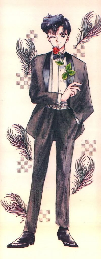 Takeuchi colour illustration of Mamoru standing in a black tuxedo, winking, a red rose held to his lips, with peacock feathers around him
