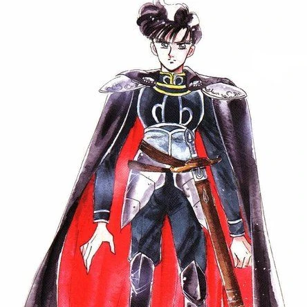 Takeuchi watercolour of Prince Endymion standing in dark armour and a black cape lined in red, a sword in a brown scabbard at his hip