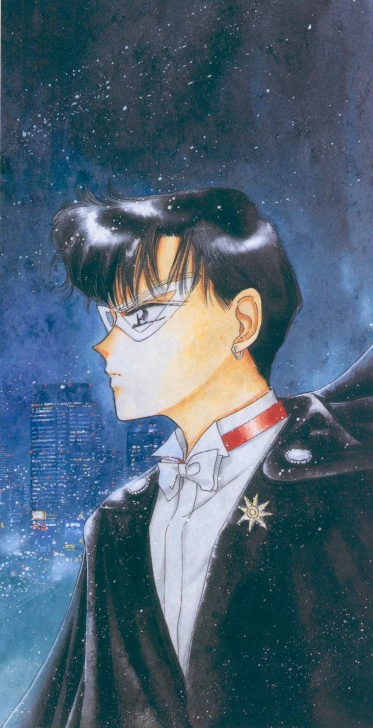 Takeuchi colour illustration of Tuxedo Mask in profile against a starry night sky, masked and caped, the lit towers of the city below and behind him