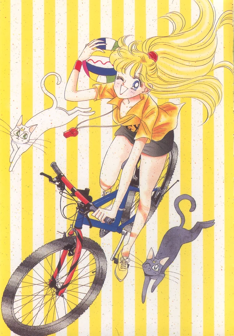Minako leaning over a mountain bike with a volleyball under one arm, Artemis and Luna leaping past her, painted by Naoko Takeuchi