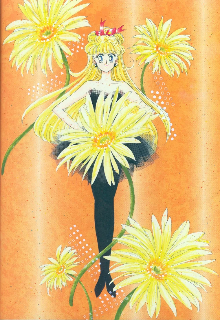 Minako in a dress made of yellow gerbera daisies against an orange ground, more of them growing around her, painted by Naoko Takeuchi