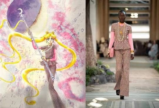 Two pictures side by side. Left, a watercolour illustration of Usagi in a tweed peplum top with pink sleeves, layered gold chains and flared tweed trousers, holding a long staff. Right, a photograph of a model walking a runway in a near-identical tweed outfit.