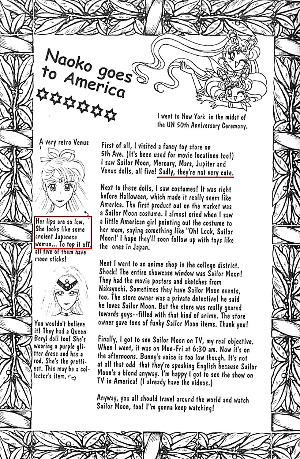 A manga author's note page headed Naoko goes to America, framed in drawn leaves, with small sketches of the American Venus and Queen Beryl dolls beside handwritten-style text about her trip to New York