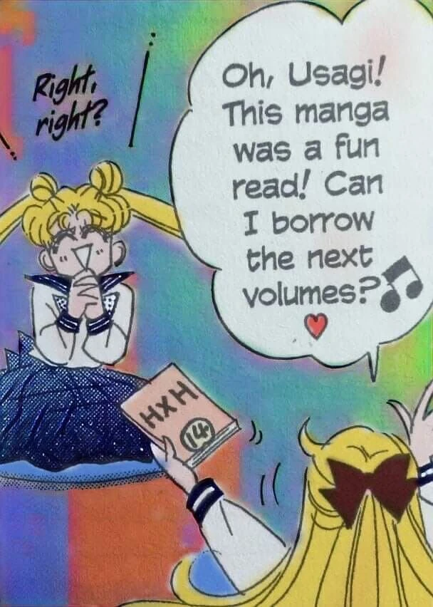 A colour manga panel: Usagi sits cross-legged with a book held up to her face saying &ldquo;Right, right?&rdquo;, while Minako, in the foreground, holds out a volume marked HxH 14 and says &ldquo;Oh, Usagi! This manga was a fun read! Can I borrow the next volumes?&rdquo;